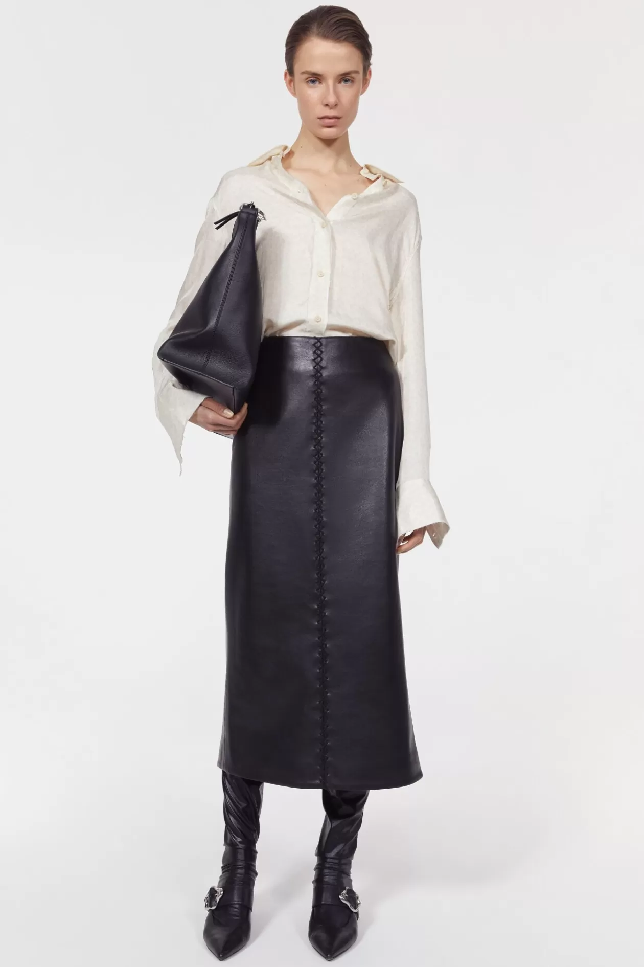 Rodebjer Helen Stitch Leather Skirt Black Flash Sale