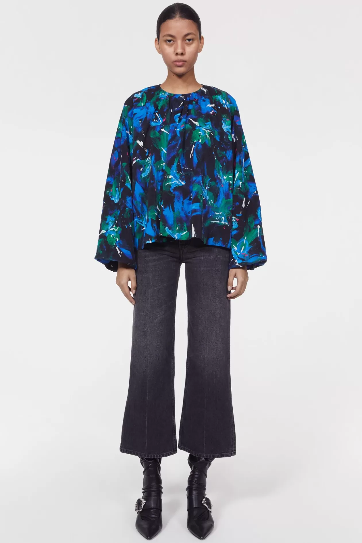 Rodebjer Marylin Silk Floral Blouse Black / Cobalt Clearance